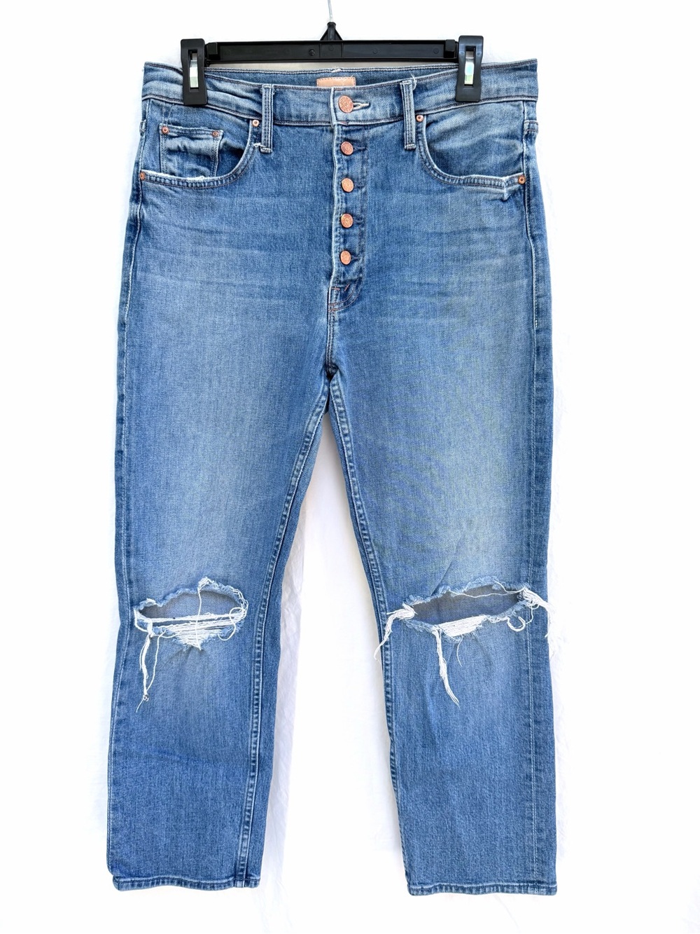 MOTHER Blue Distressed Cropped Button-Fly Jeans
